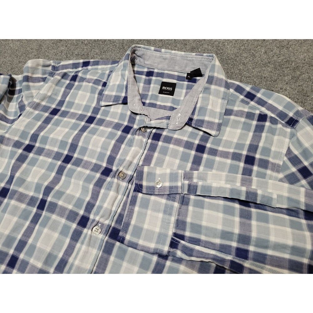 Hugo Boss Shirt Mens XL Button Up Blue Slim Fit Plaid Long Sleeve Cotton